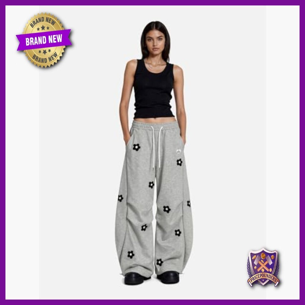 Wide Leg Sweatpants with Floral Embroidery, Elastic Waist, Y2K Style - Picture 2 of 7
